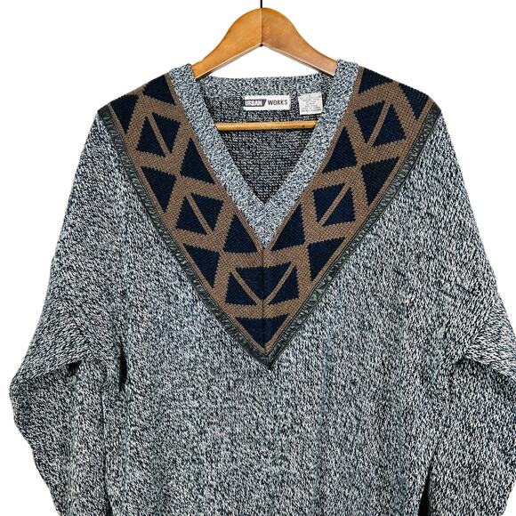 Vintage 80s Urban Works V Neck Dad Sweater Leather Trim Black White - L - Picture 2 of 7